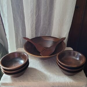 Vermillion Walnut Wood 11 3/4" Salad Bowl Set 9 Piece Mid Century Modern MCM